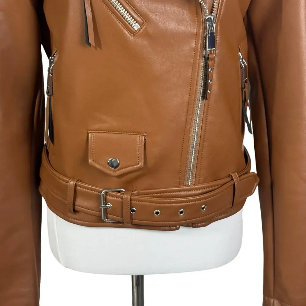 Rebecca Minkoff Women’s Brown Jeff Moto Vegan Leather Jacket Medium